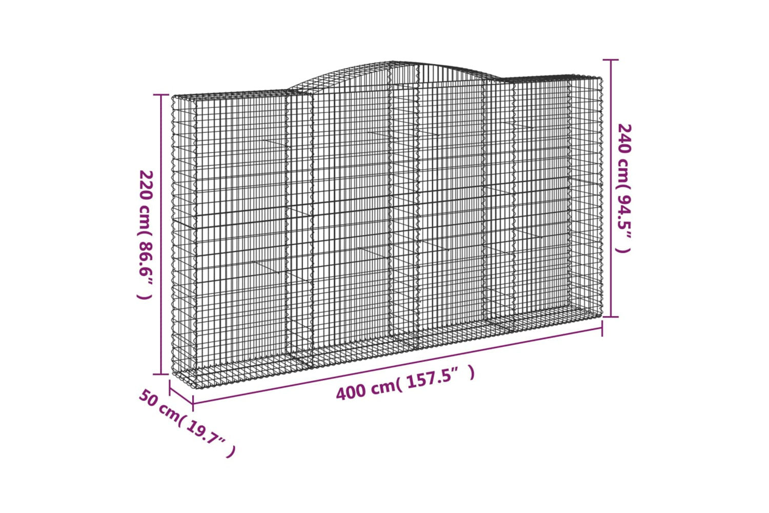 vidaXL 3147074 Arched Gabion Baskets 2 Pcs 400x50x220/240cm Galvanised Iron-5
