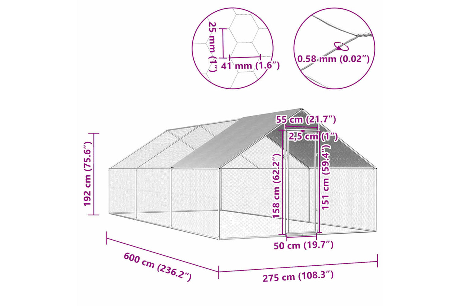 Vidaxl Outdoor Chicken Cage 2.75x6x1.92 M Galvanised Steel-6