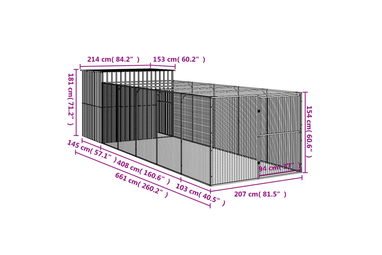 vidaXL 3189121 Dog House With Run Anthracite 214x661x181cm Galvanised Steel-8