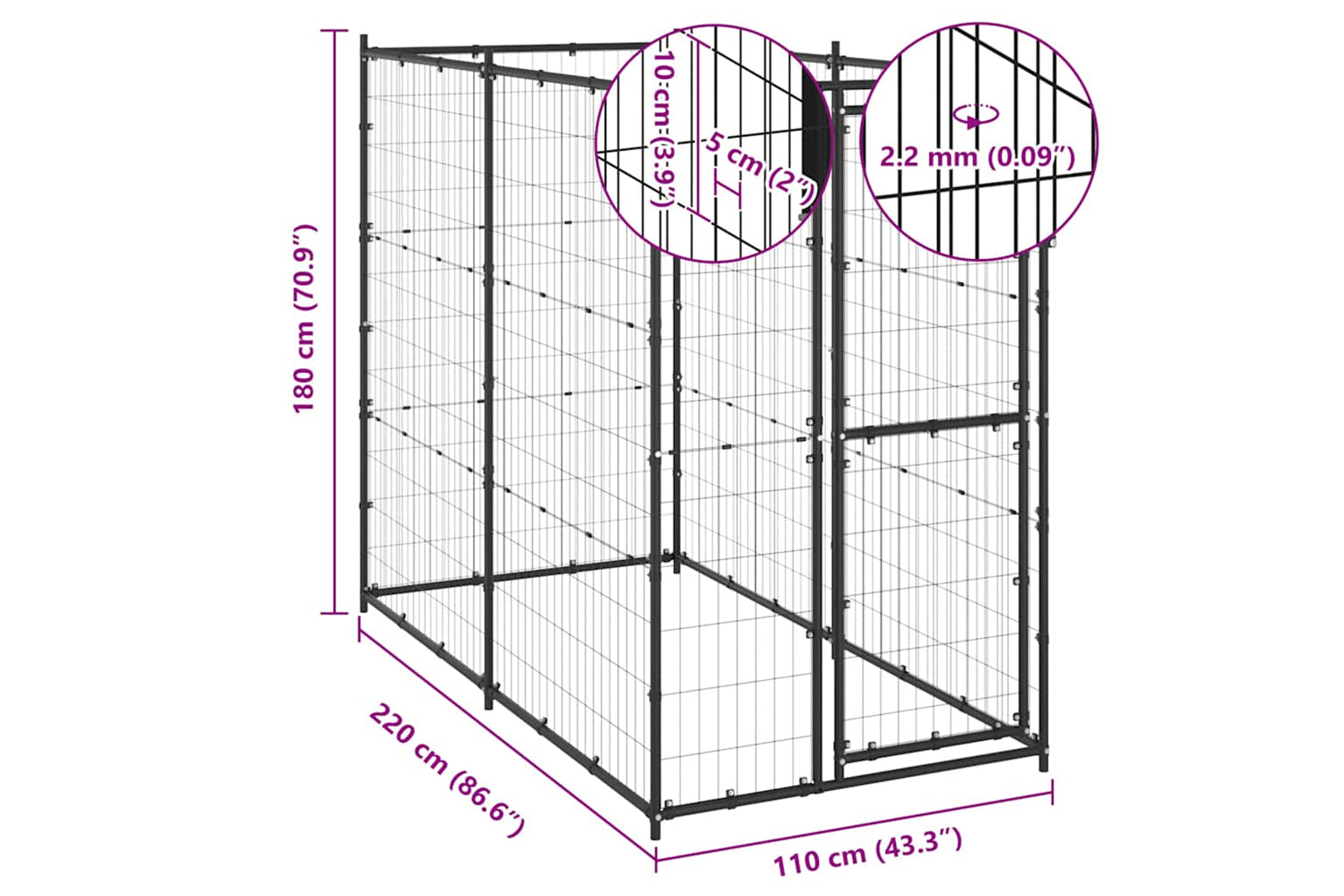 Vidaxl Outdoor Dog Kennel Steel 110x220x180 Cm-6