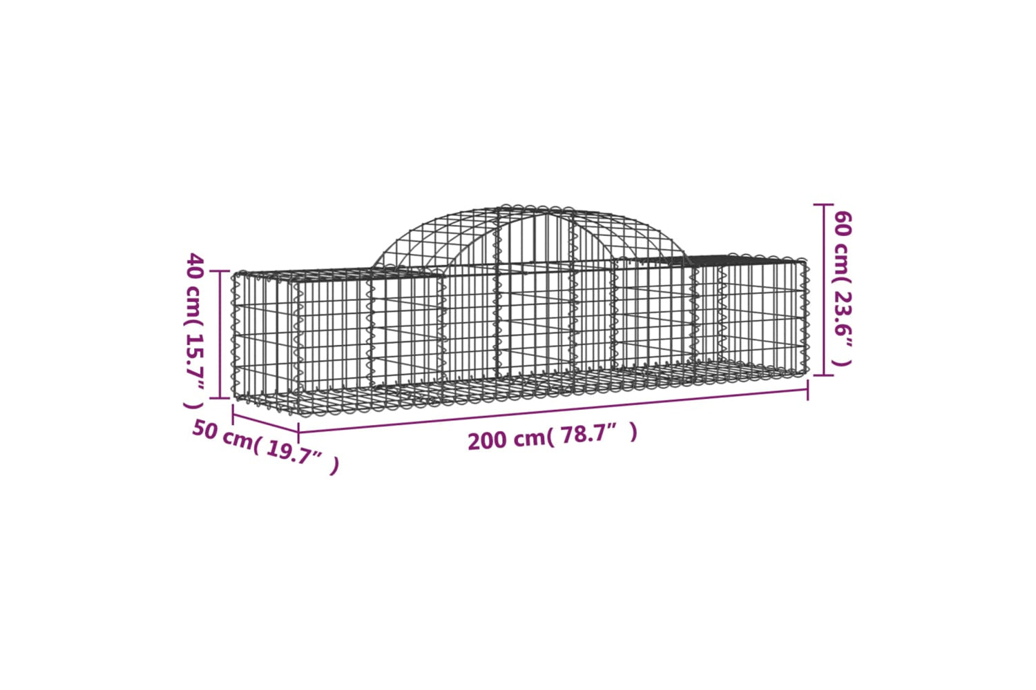 vidaXL 3146258 Arched Gabion Baskets 3 Pcs 200x50x40/60cm Galvanised Iron-5