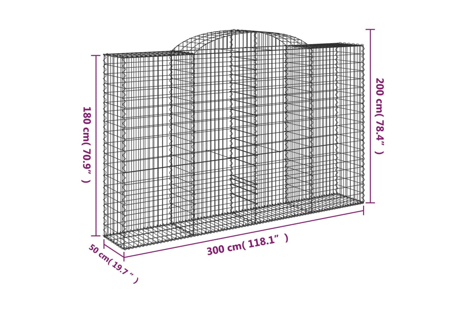 vidaXL 3146775 Arched Gabion Baskets 4 Pcs 300x50x180/200cm Galvanised Iron-5