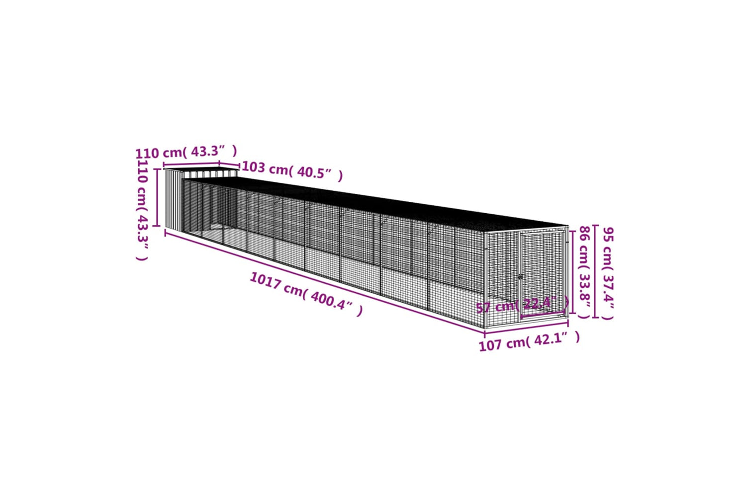 vidaXL 3189097 Chicken Cage With Run Light Grey 110x1017x110cm Galvanised Steel-7