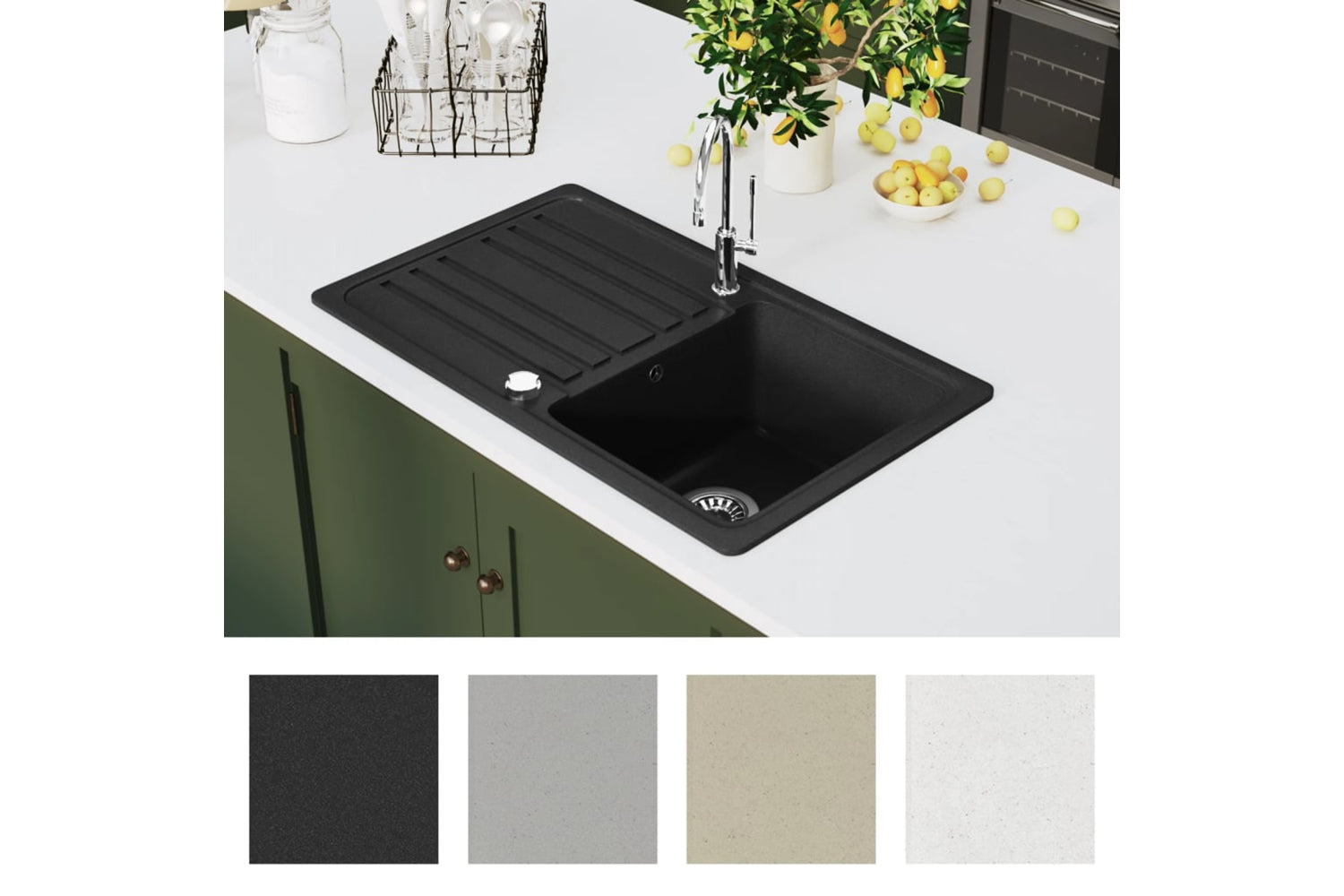 Vidaxl Granite Kitchen Sink Single Basin With Drainer Reversible Black-2