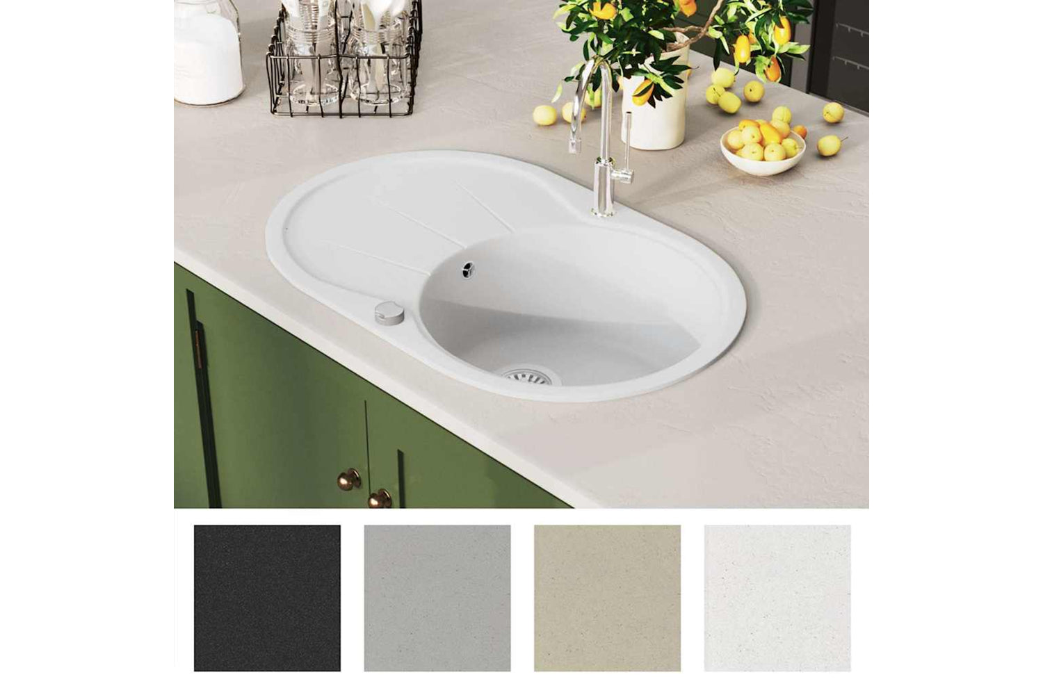 Vidaxl Granite Kitchen Sink Single Basin Oval White-2