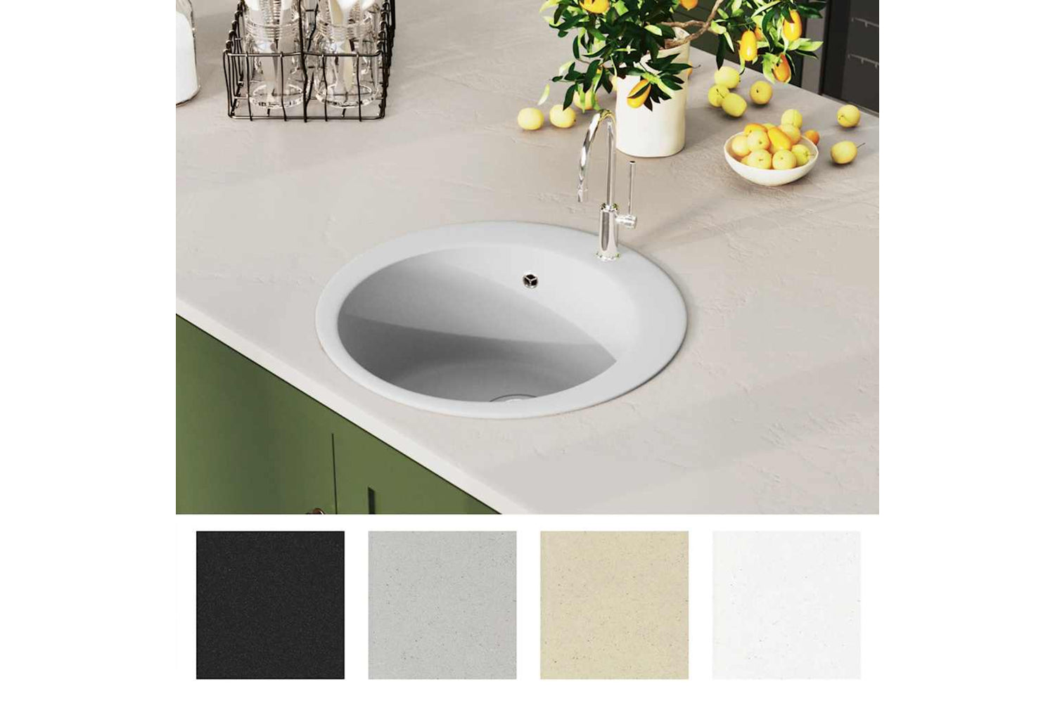 Vidaxl Granite Kitchen Sink Single Basin Round White-2
