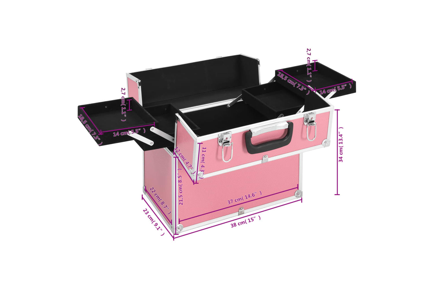 vidaXL 91834 Make-up Case 38x23x34cm Pink Aluminium-7