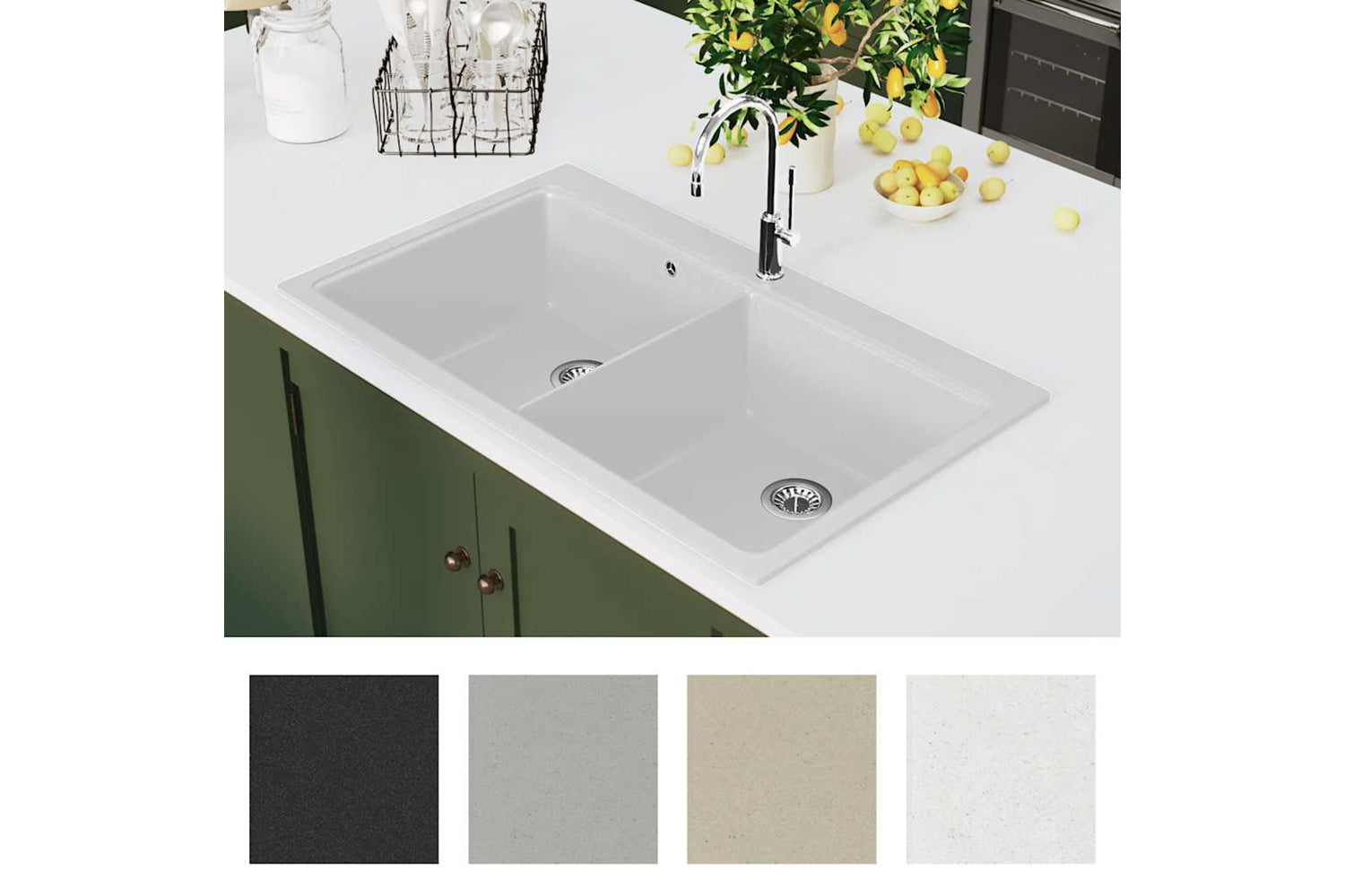 Vidaxl Overmount Kitchen Sink Double Basin Granite Cream White-2