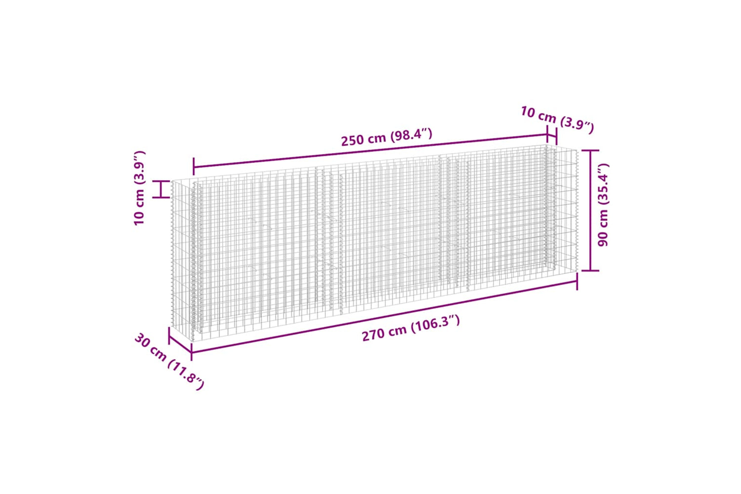vidaXL 145639 Gabion Raised Bed Galvanised Steel 270x30x90cm-6