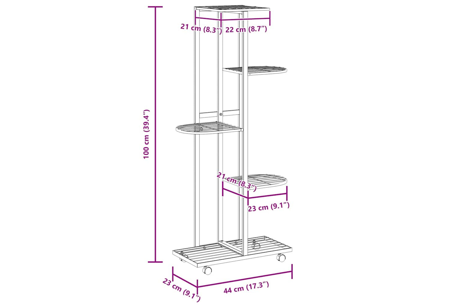 vidaXL 343118 5-floor Flower Stand With Wheels 44x23x100cm White Iron-8