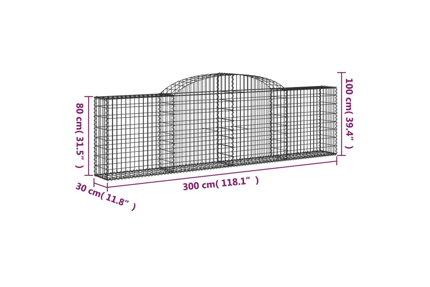 vidaXL 153504 Arched Gabion Basket 300x30x80/100cm Galvanised Iron-4