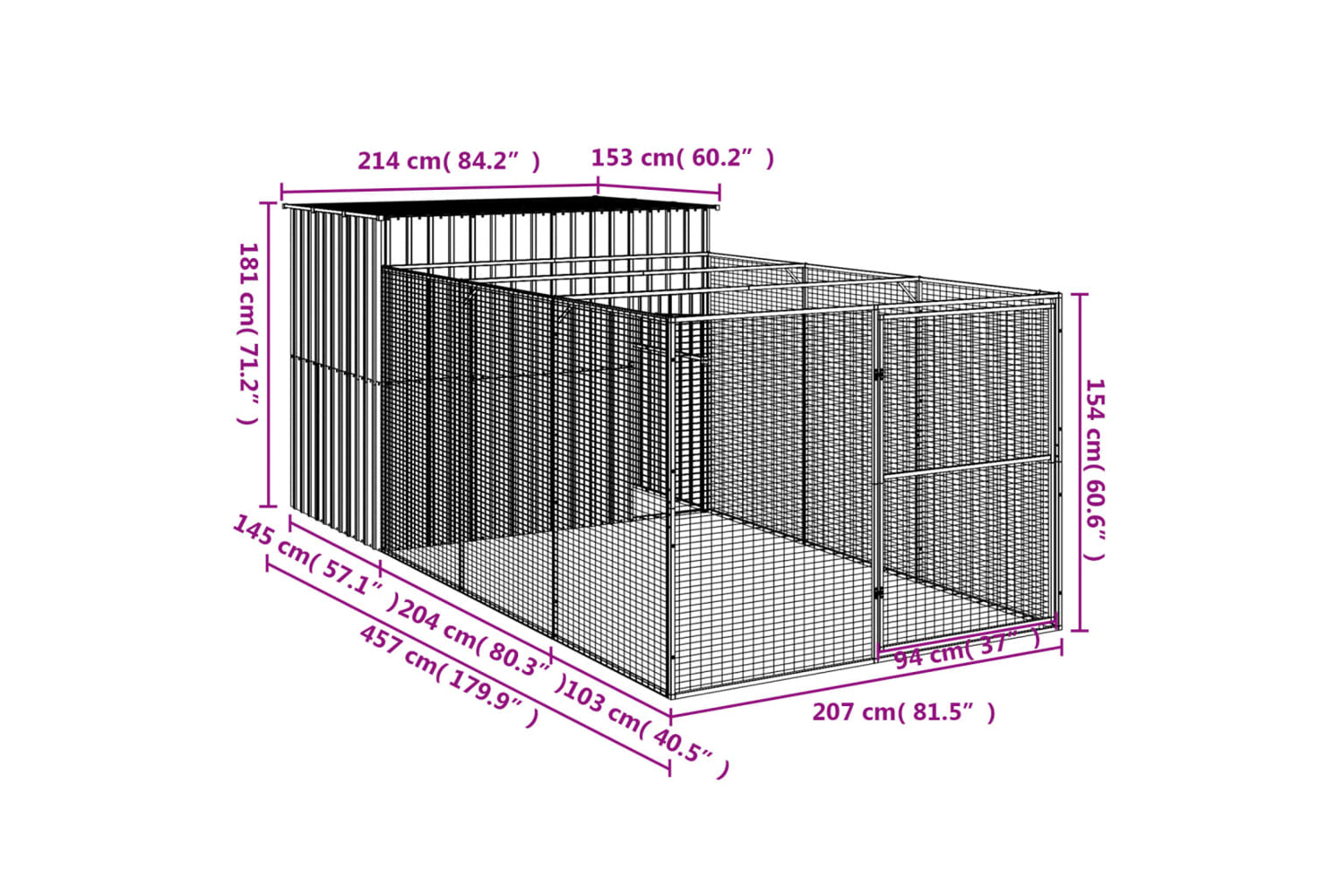 vidaXL 3189120 Dog House With Run Anthracite 214x457x181cm Galvanised Steel-8