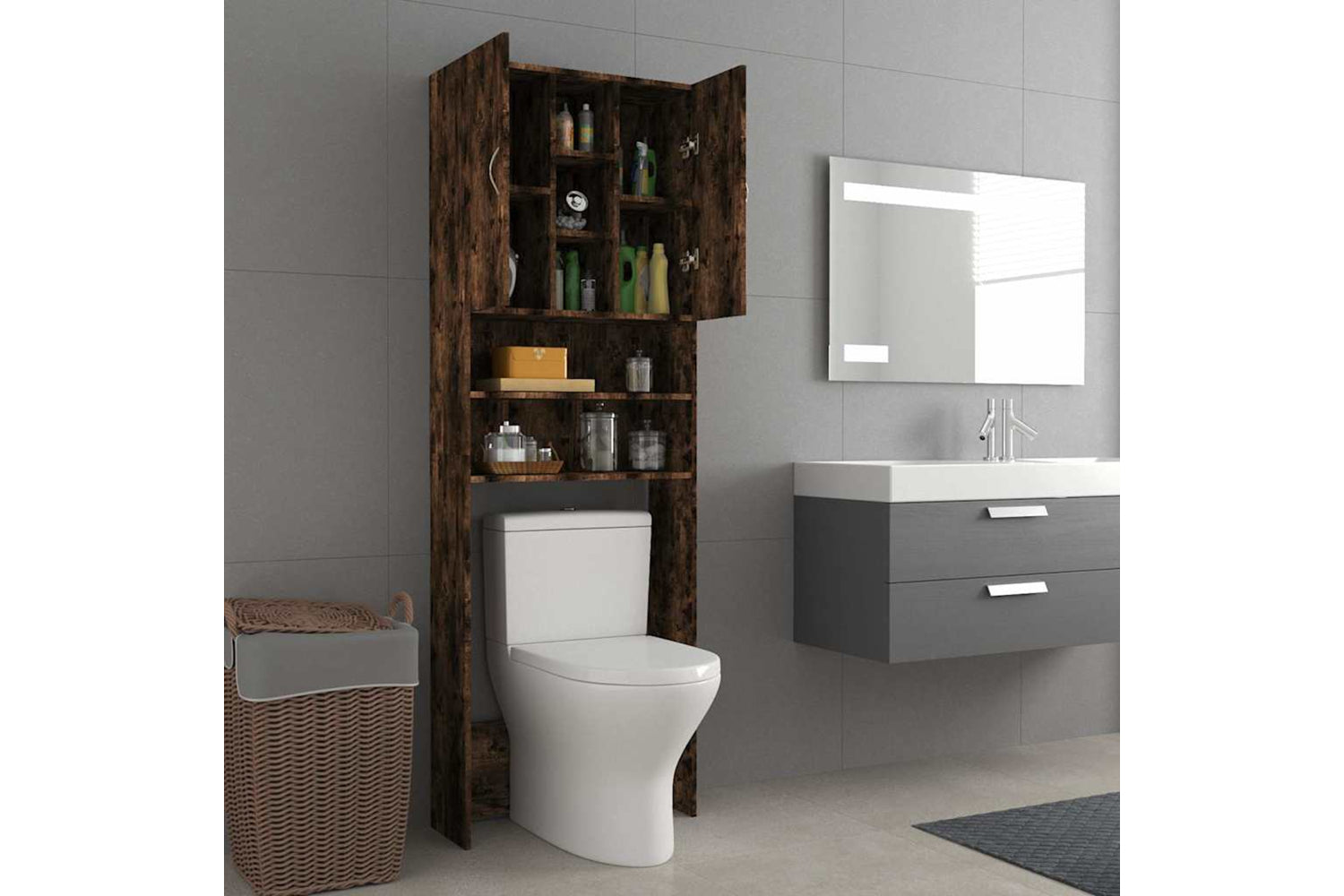Vidaxl 815957 Washing Machine Cabinet Smoked Oak 64x25.5x190 Cm-3