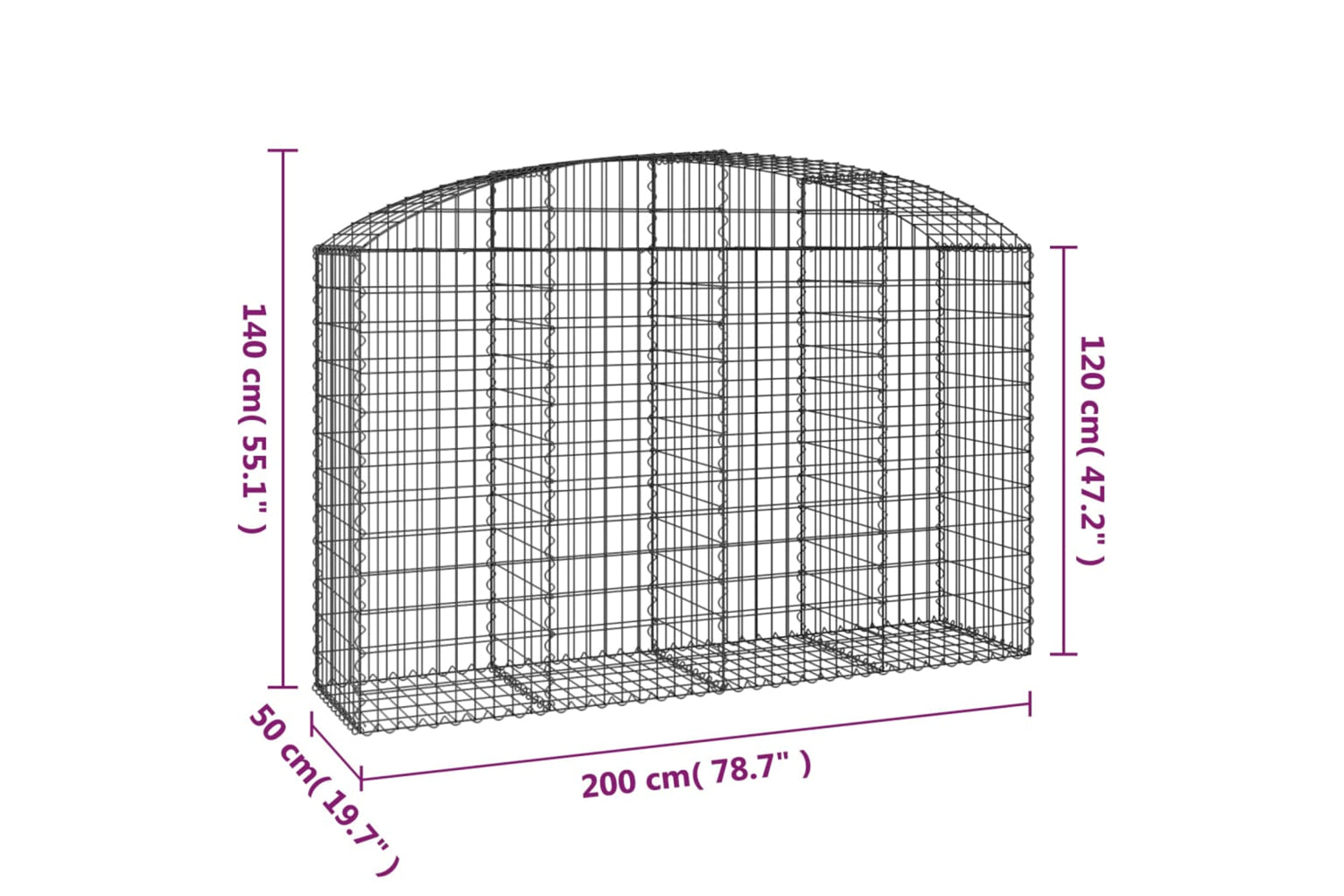 vidaXL 153476 Arched Gabion Basket 200x50x120/140cm Galvanised Iron-4