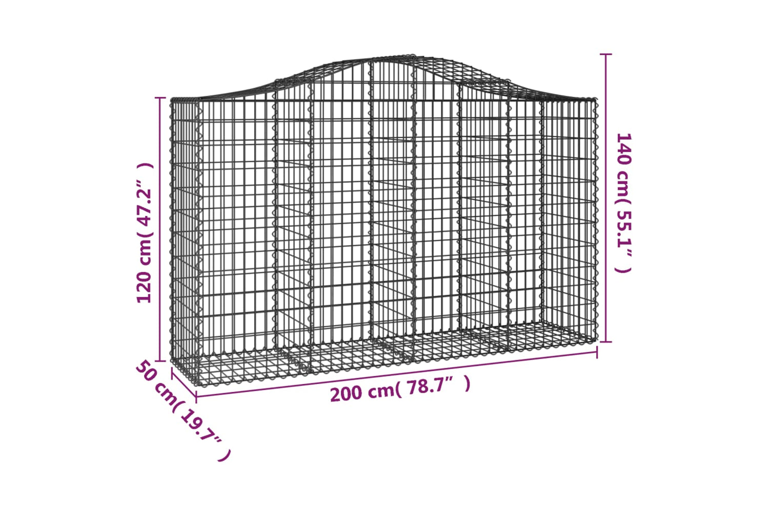 vidaXL 3145662 Arched Gabion Baskets 3 Pcs 200x50x120/140cm Galvanised Iron-5
