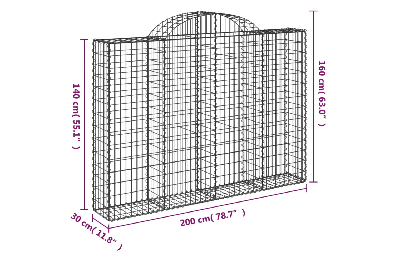 vidaXL 3146152 Arched Gabion Baskets 2 Pcs 200x30x140/160cm Galvanised Iron-5