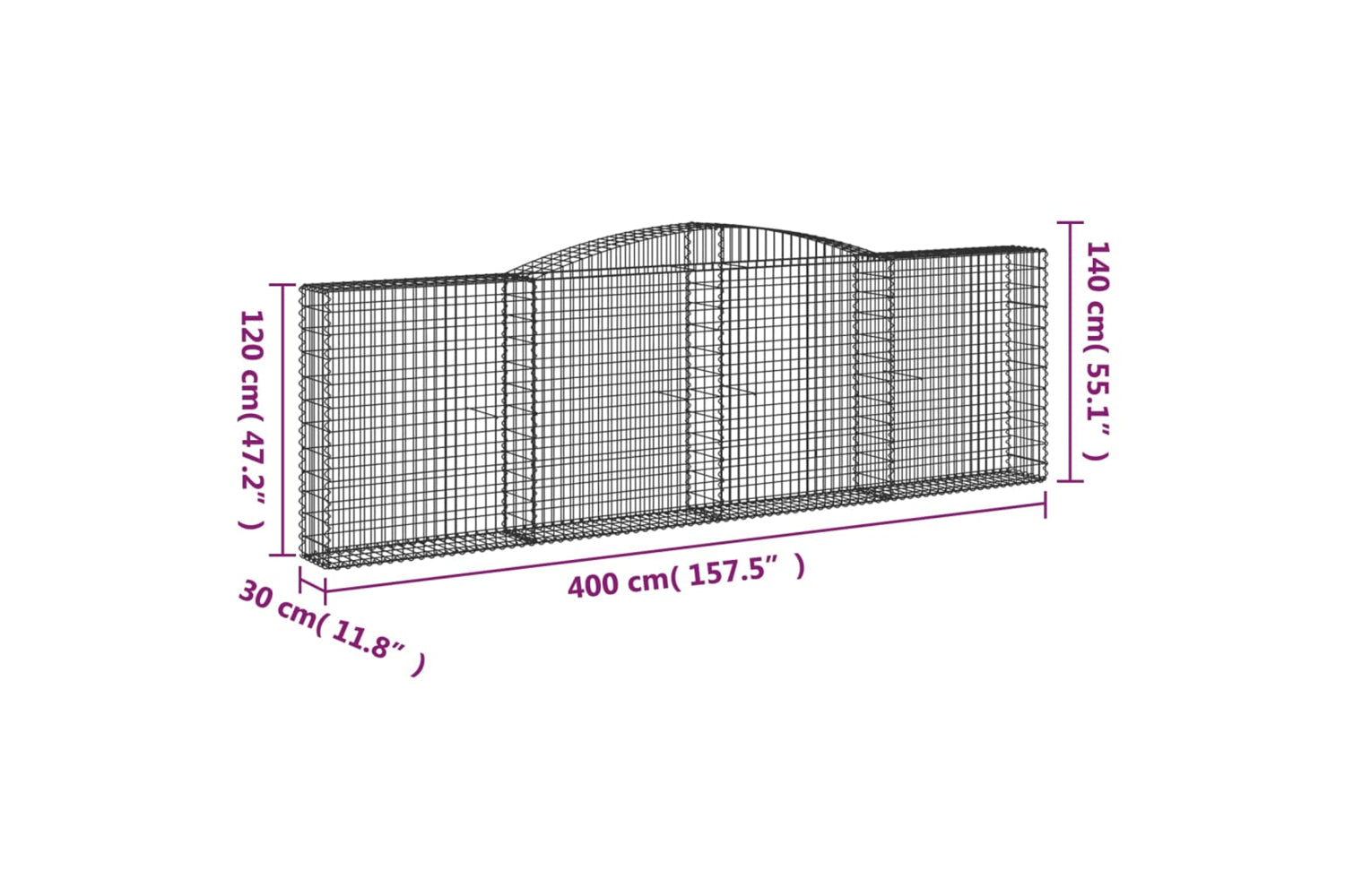 vidaXL 3146880 Arched Gabion Baskets 3 Pcs 400x30x120/140cm Galvanised Iron-5