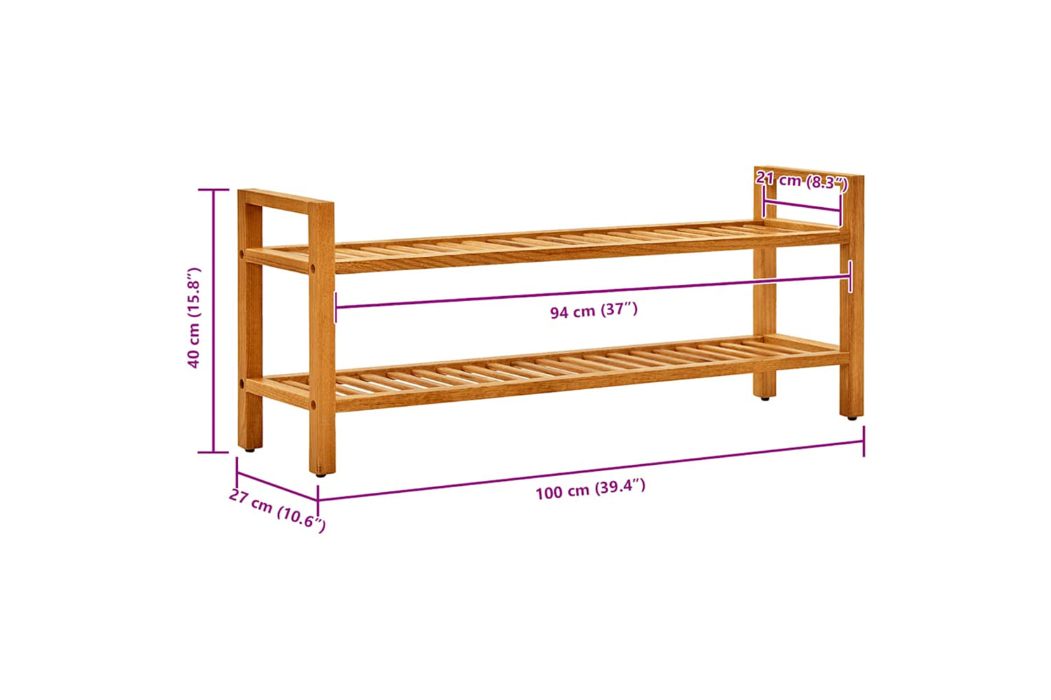 vidaXL 331748 Shoe Rack With 2 Shelves 100x27x40cm Solid Oak Wood-6