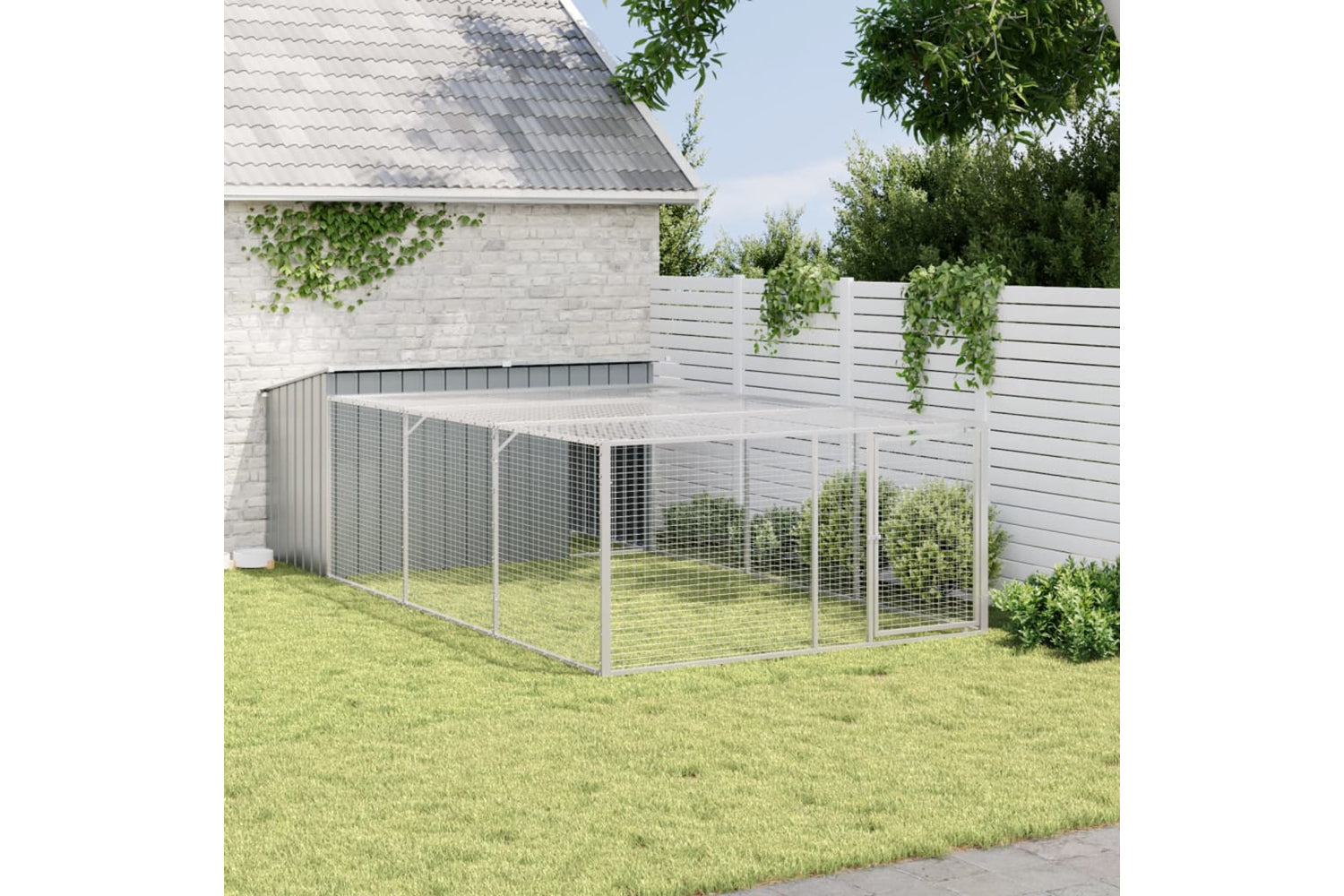 vidaXL 3214225 Dog House With Run Anthracite 197x396x110cm Galvanised Steel-2