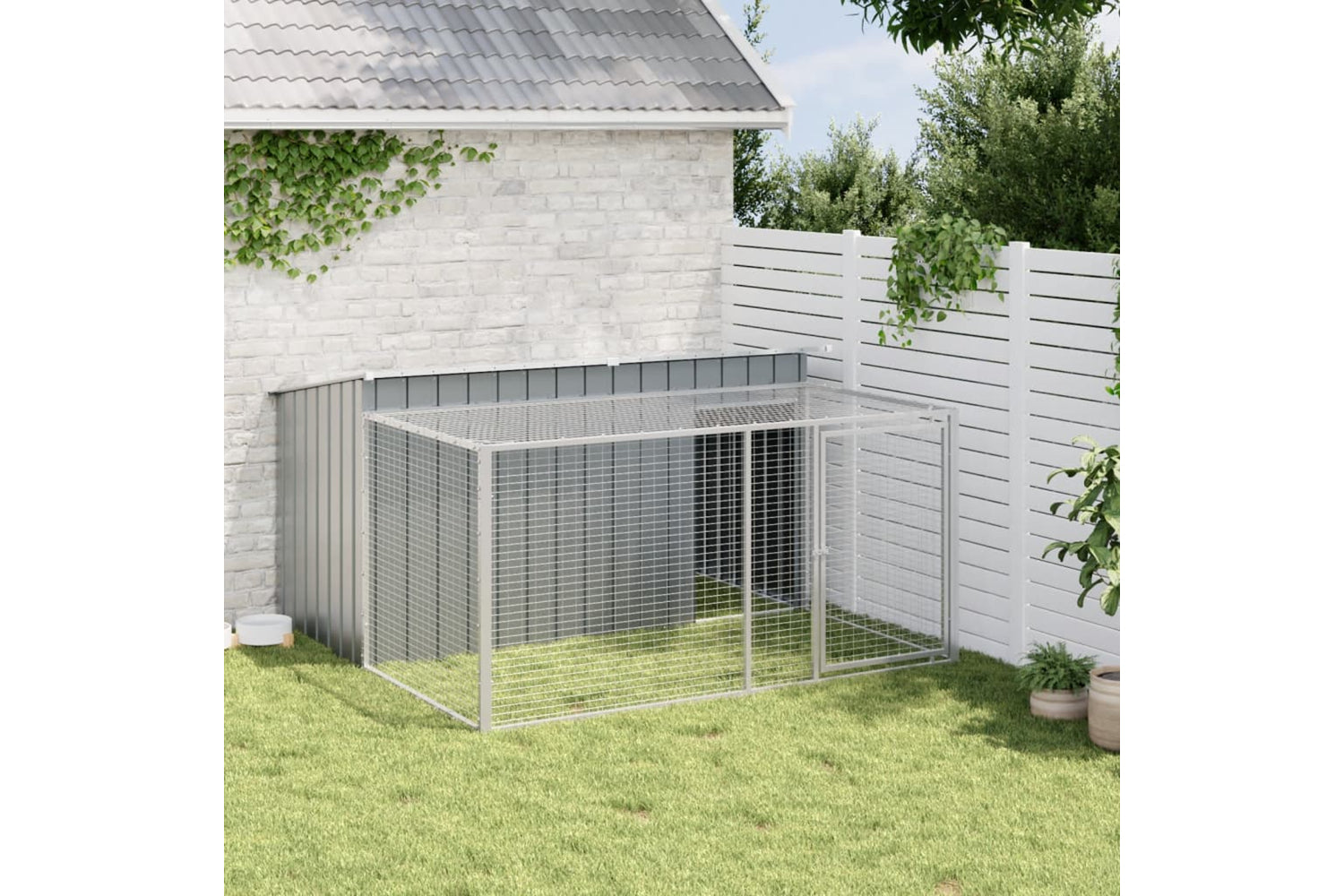 vidaXL 3214224 Dog House With Run Anthracite 197x194x110cm Galvanised Steel-2