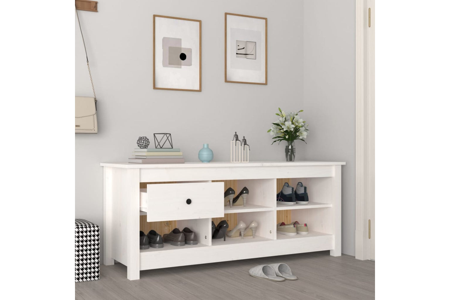 vidaXL 814595 Shoe Cabinet White 110x38x45.5cm Solid Wood Pine-5