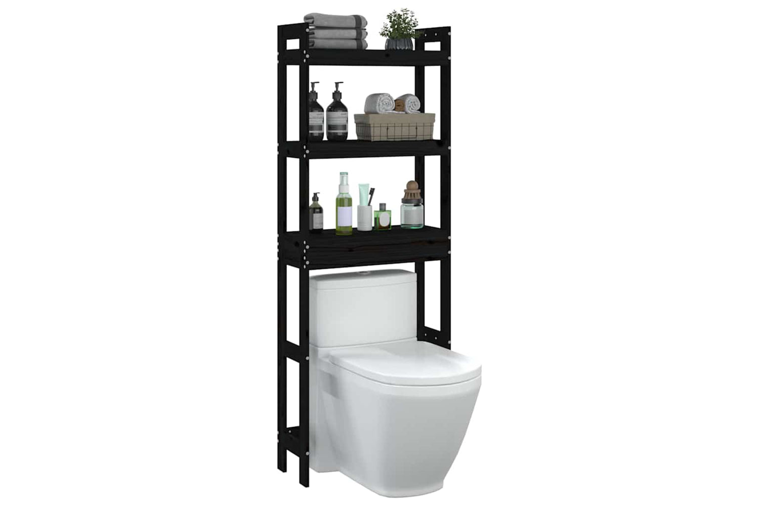 vidaXL 824662 Toilet Rack Black 63x26x171cm Solid Wood Pine-3