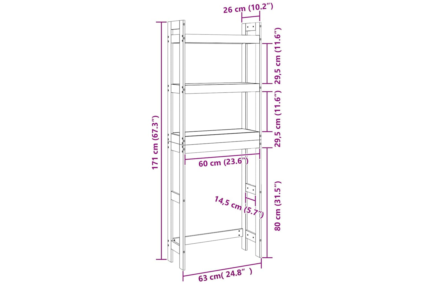 vidaXL 824662 Toilet Rack Black 63x26x171cm Solid Wood Pine-8