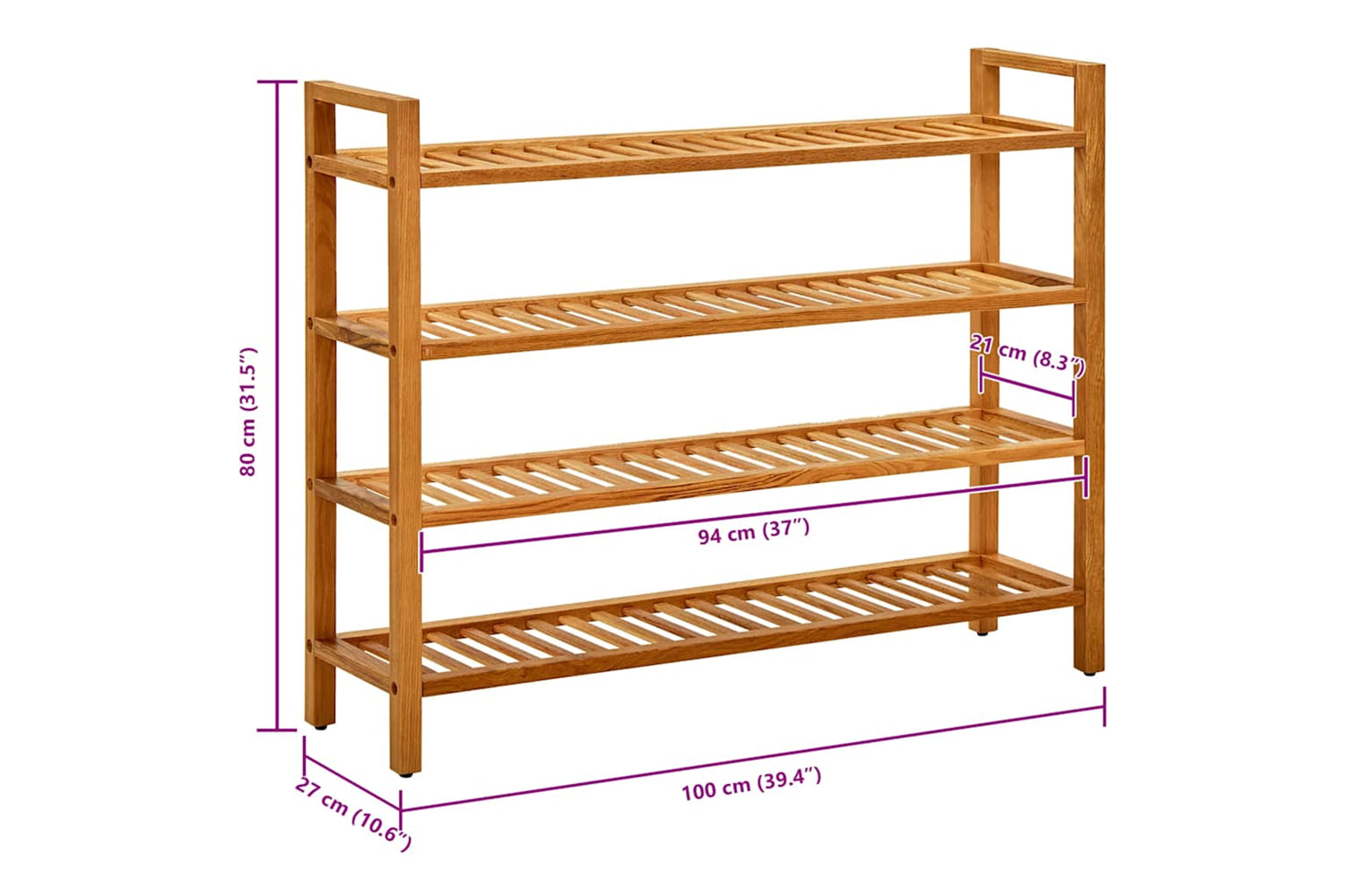 vidaXL 331750 Shoe Rack With 4 Shelves 100x27x80cm Solid Oak Wood-6