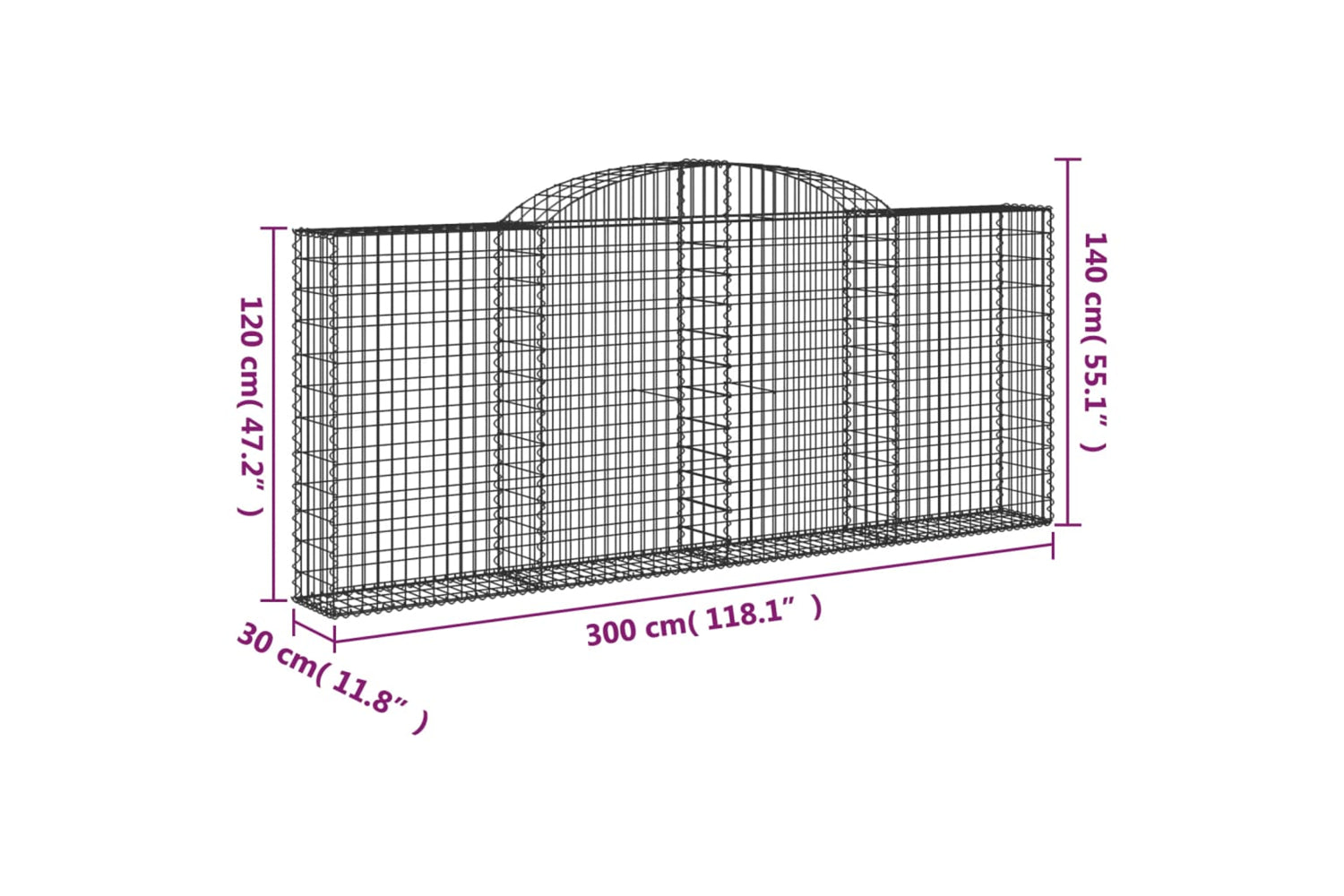 vidaXL 153506 Arched Gabion Basket 300x30x120/140cm Galvanised Iron-4