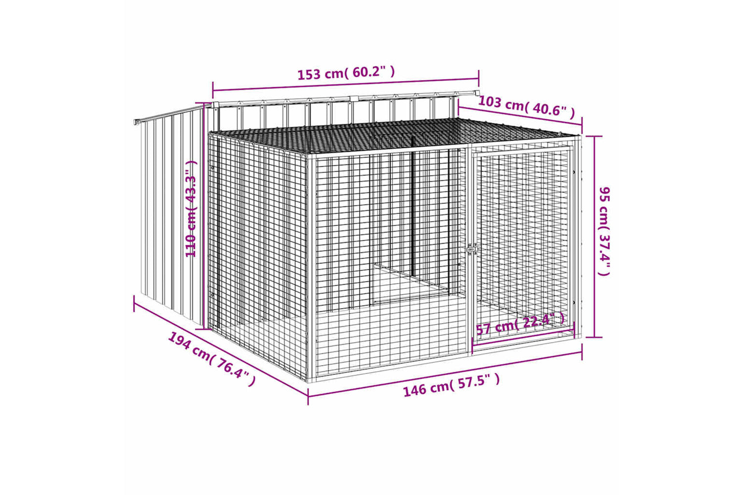 Vidaxl Dog House With Run Anthracite 153x194x110 Cm Galvanised Steel-8