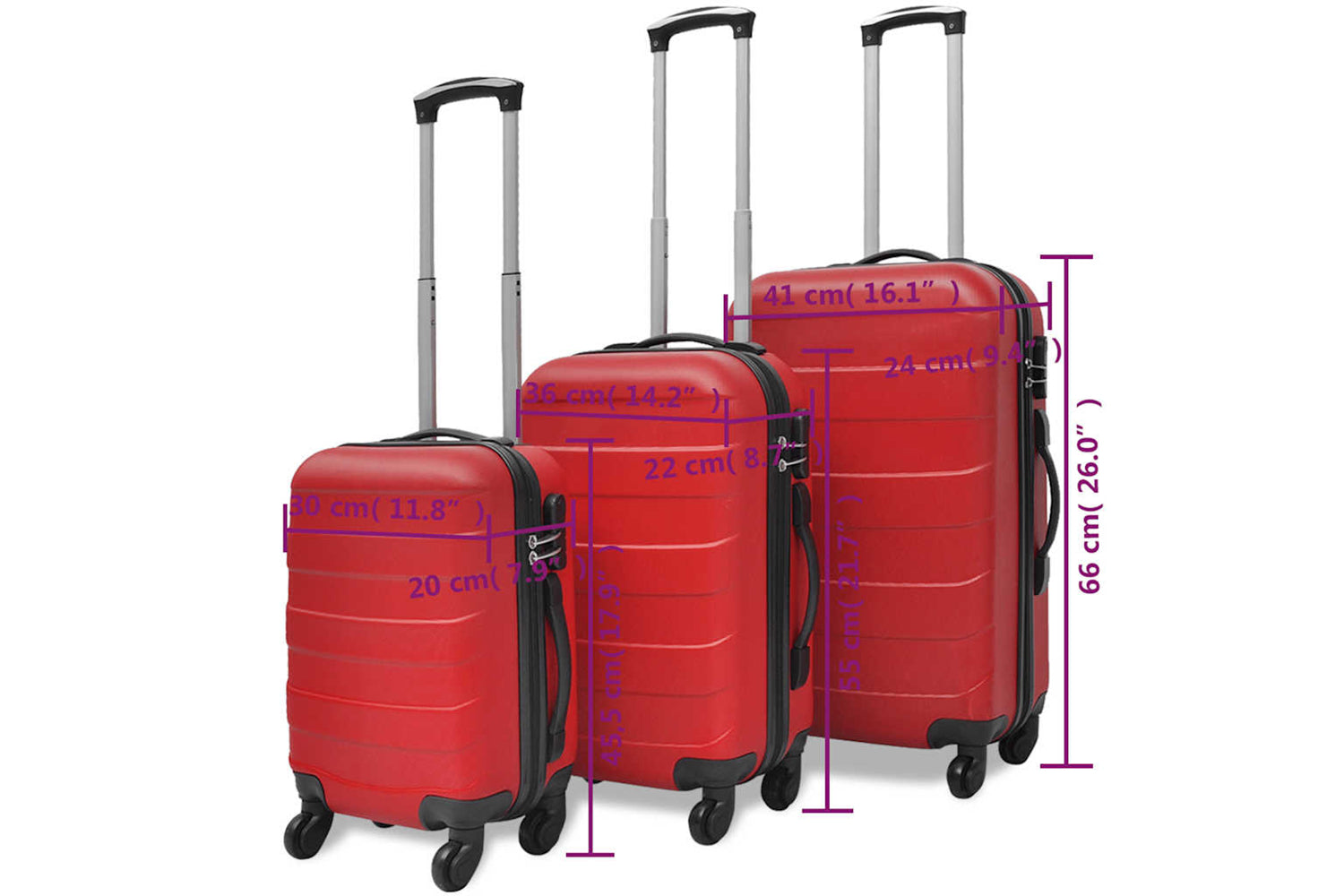vidaXL 91143 Three Piece Hardcase Trolley Set Red 45.5/55/66cm-6