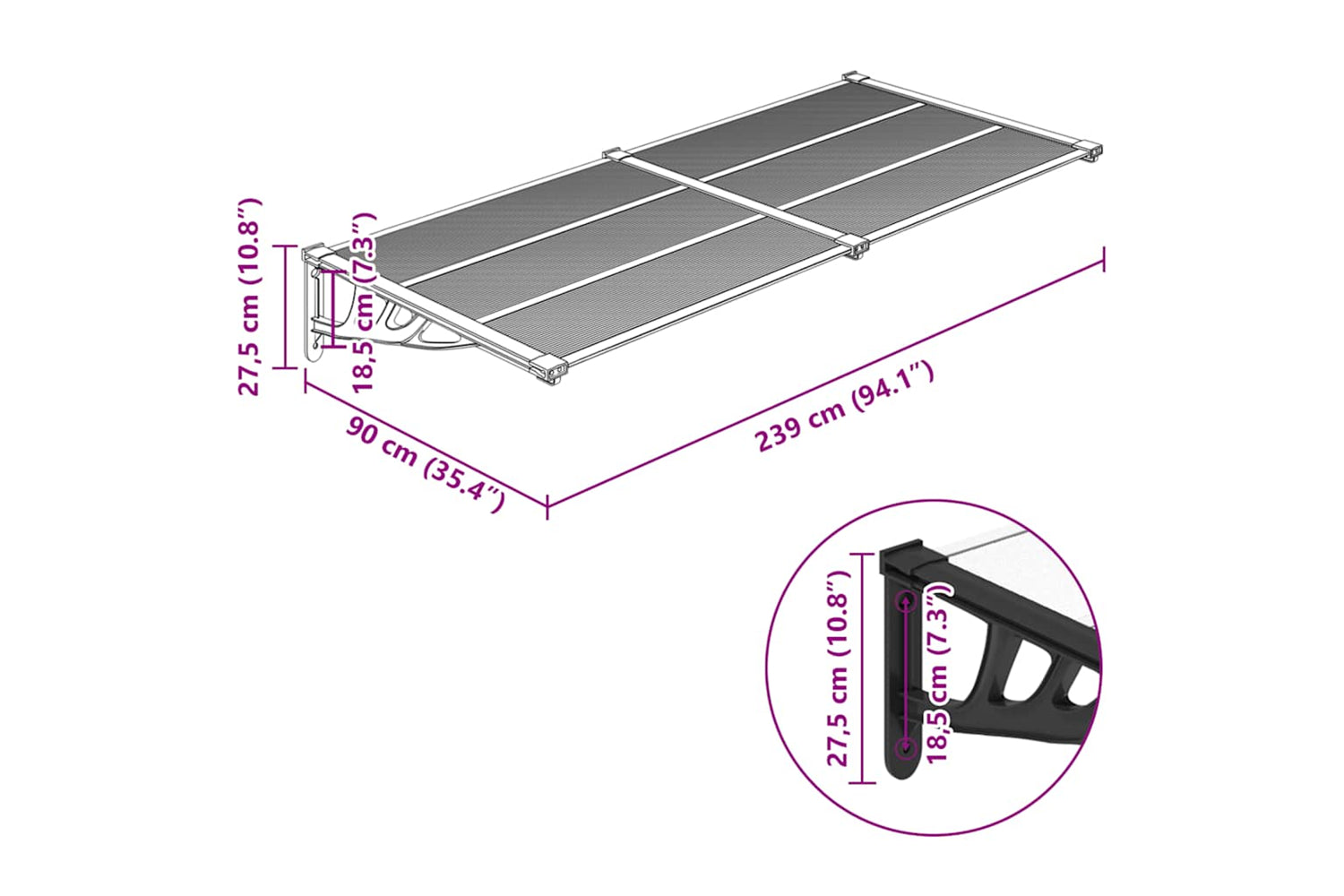 Vidaxl Door Canopy Black And Transparent 239x90 Cm Polycarbonate-5
