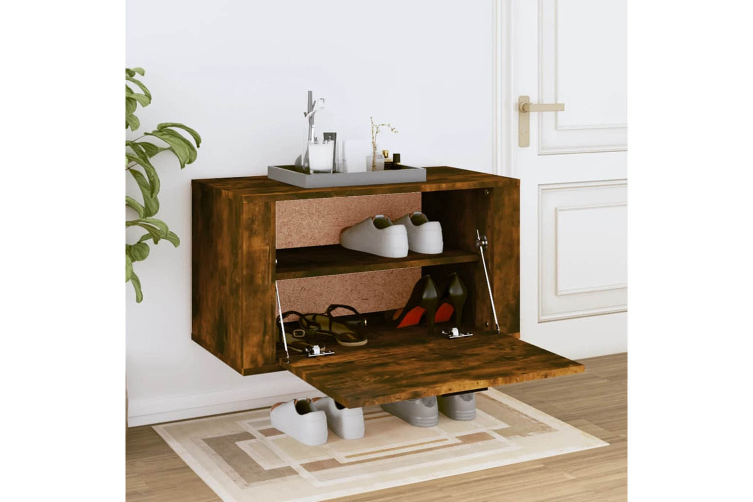 vidaXL 821017 Wall-mounted Shoe Cabinet Smoked Oak 70x35x38cm Solid Wood Pine-2