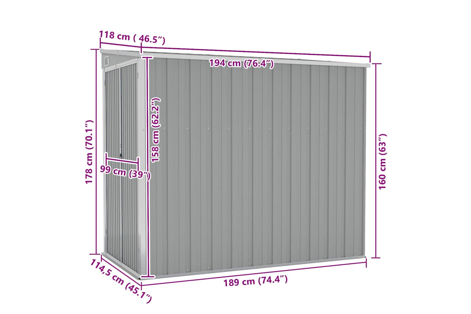 Vidaxl Wall-mounted Garden Shed Grey 118x194x178 Cm Galvanised Steel-6