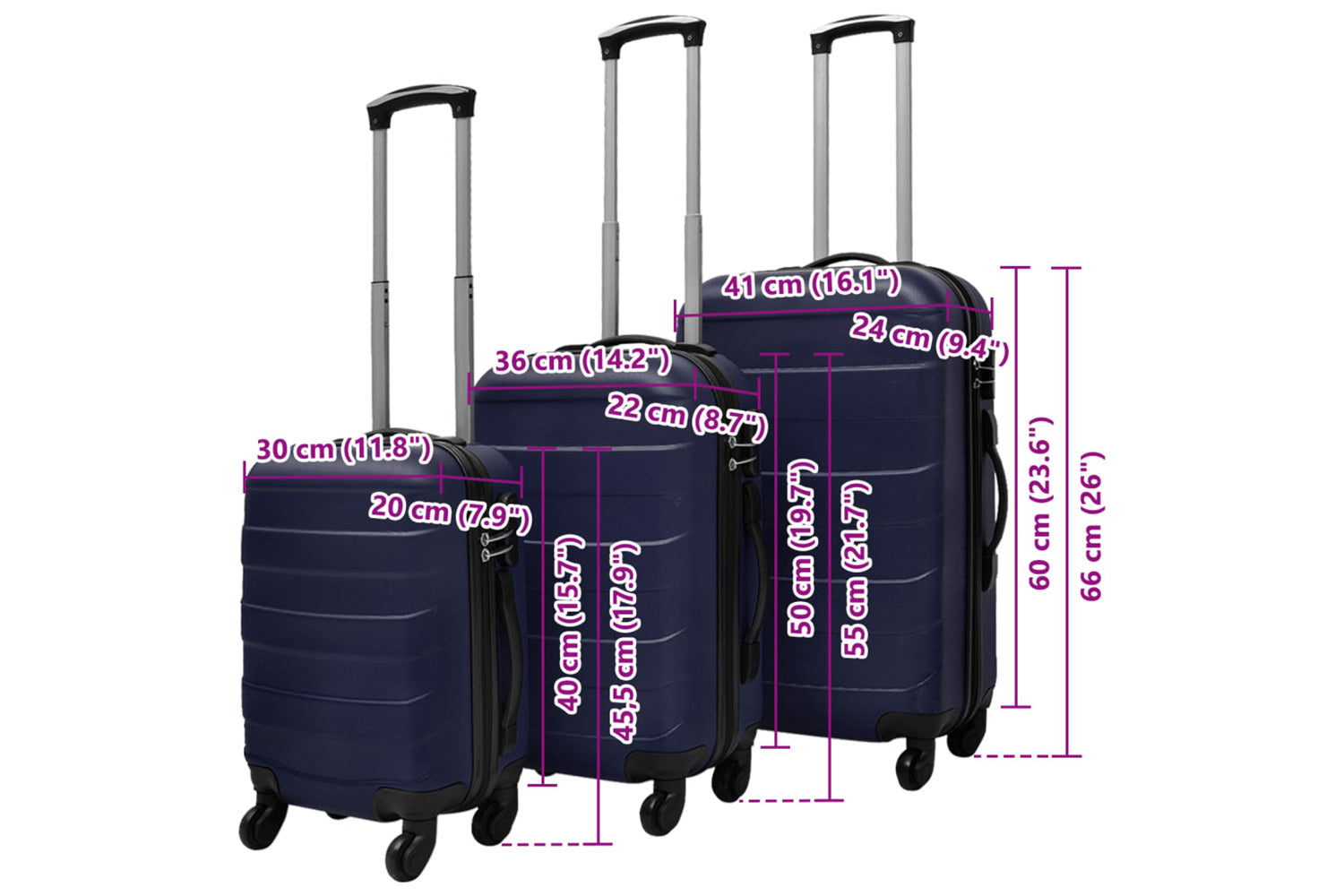 vidaXL Three Piece Hardcase Trolley Set Blue 45.5/55/66cm-6