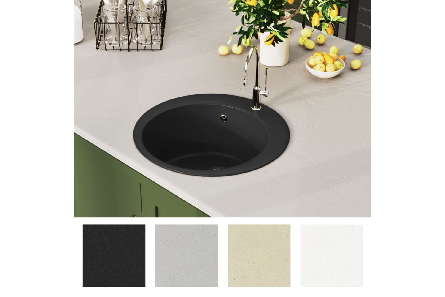 Vidaxl Granite Kitchen Sink Single Basin Round Black-5