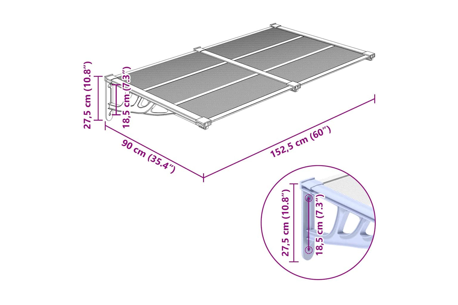 Vidaxl Door Canopy Grey And Transparent 152.5x90 Cm Polycarbonate-5