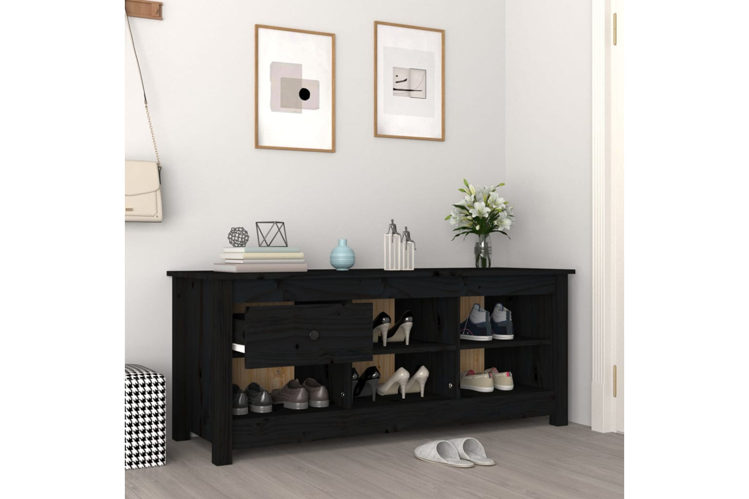 vidaXL 814598 Shoe Cabinet Black 110x38x45.5cm Solid Wood Pine-5