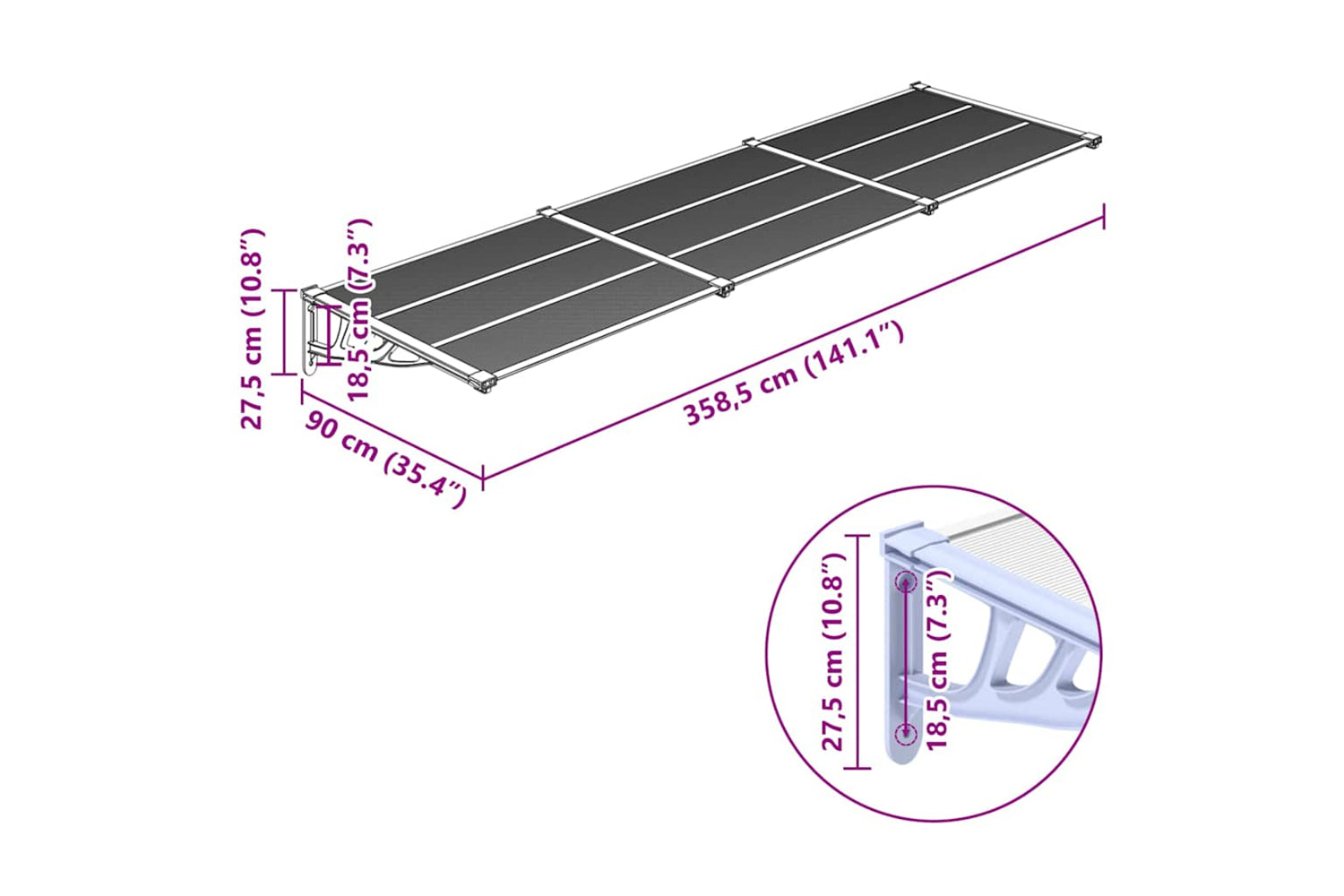Vidaxl Door Canopy Grey And Transparent 358.5x90 Cm Polycarbonate-5