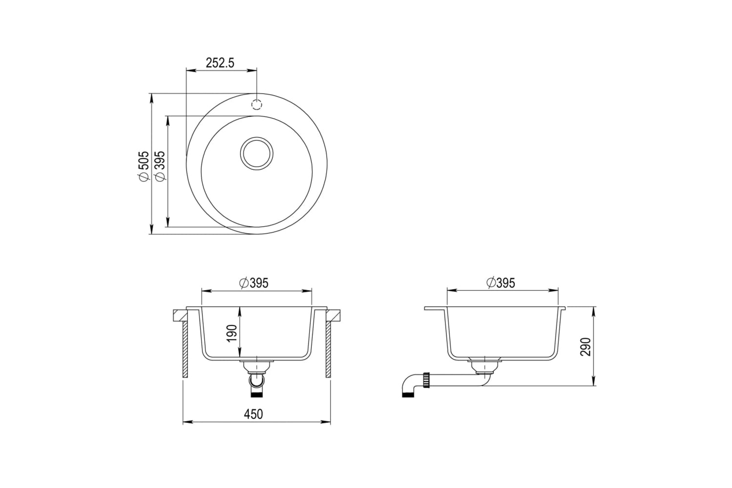 Vidaxl Granite Kitchen Sink Single Basin Round Grey-7