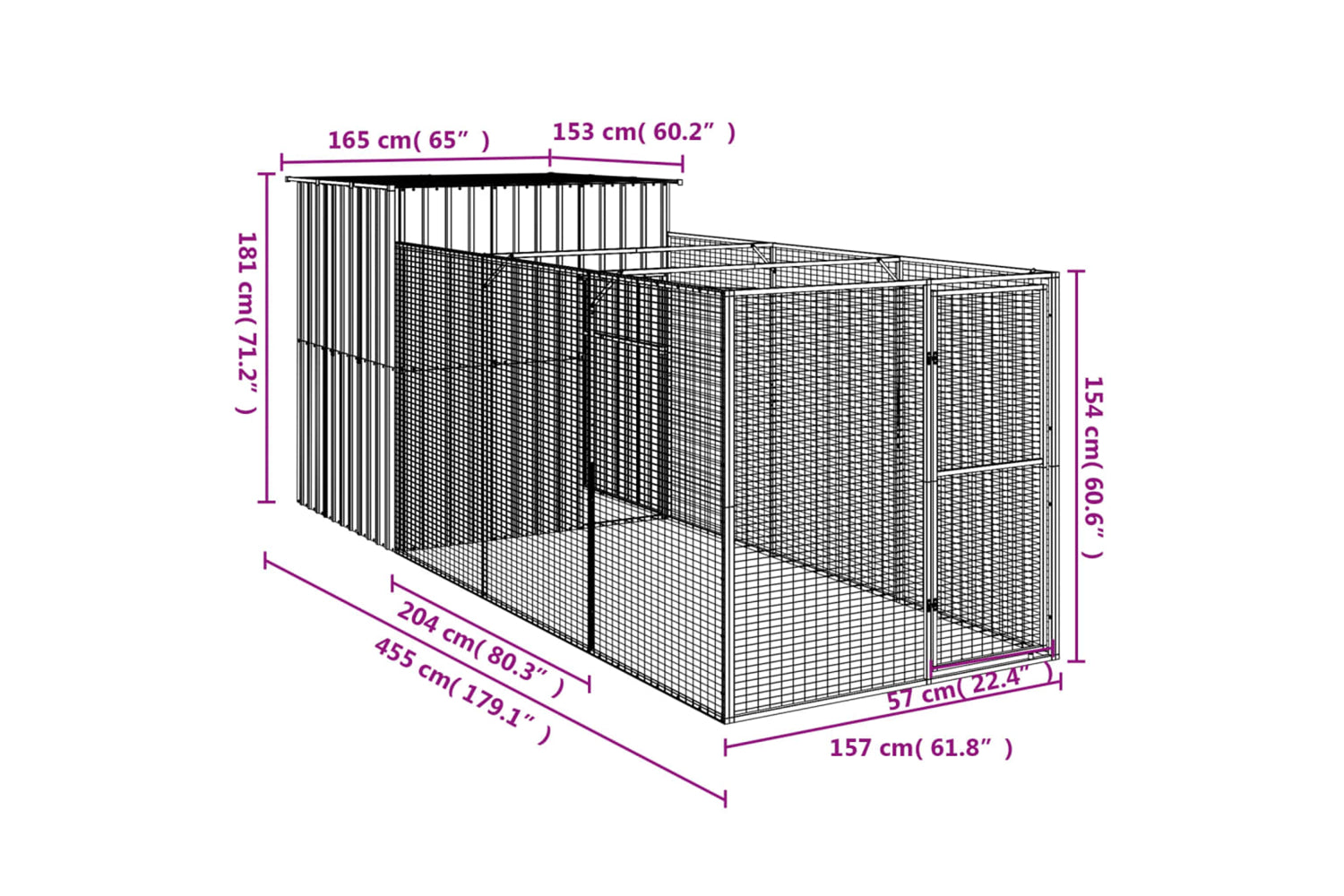 vidaXL 3189099 Dog House With Run Anthracite 165x455x181cm Galvanised Steel-7