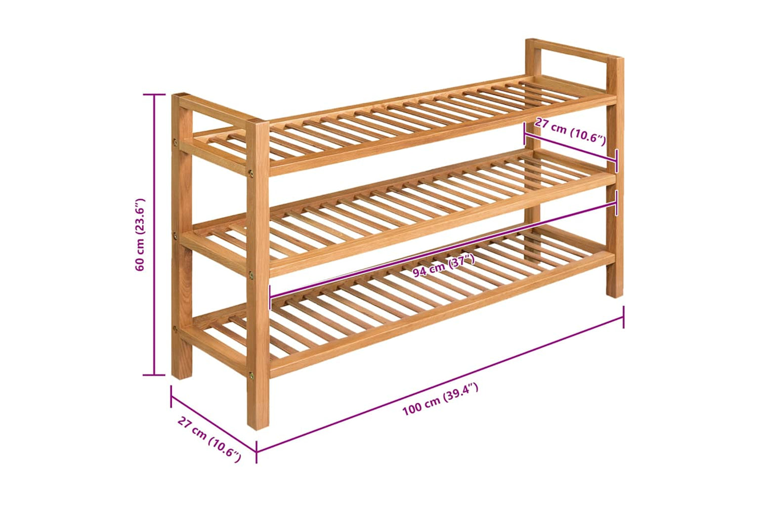 Vidaxl Shoe Rack With 3 Shelves 100x27x60 Cm Solid Oak Wood-5