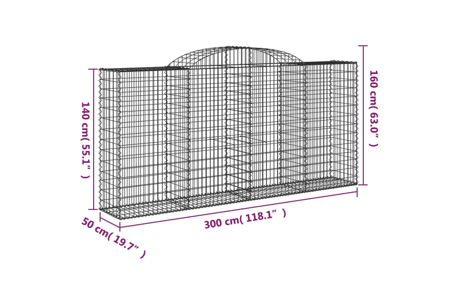 vidaXL 3146738 Arched Gabion Baskets 3 Pcs 300x50x140/160cm Galvanised Iron-5