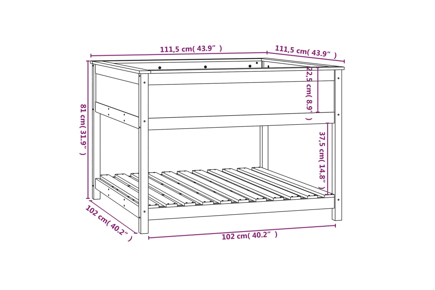 vidaXL 823805 Planter With Shelf Black 111.5x111.5x81cm Solid Wood Pine-7