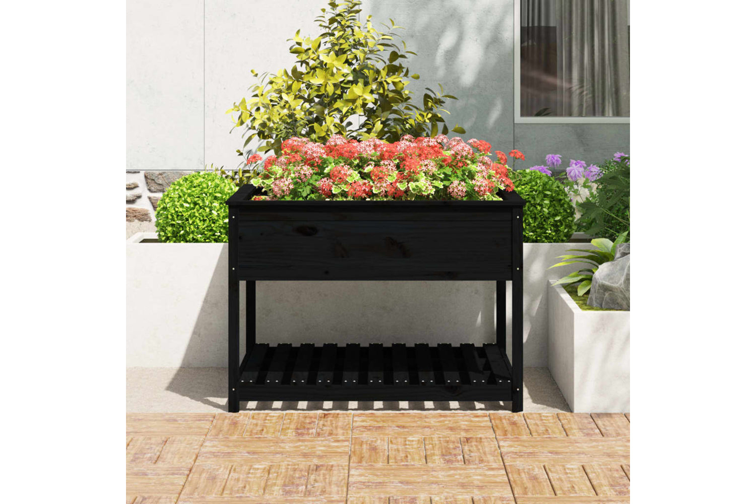 vidaXL 823805 Planter With Shelf Black 111.5x111.5x81cm Solid Wood Pine-2