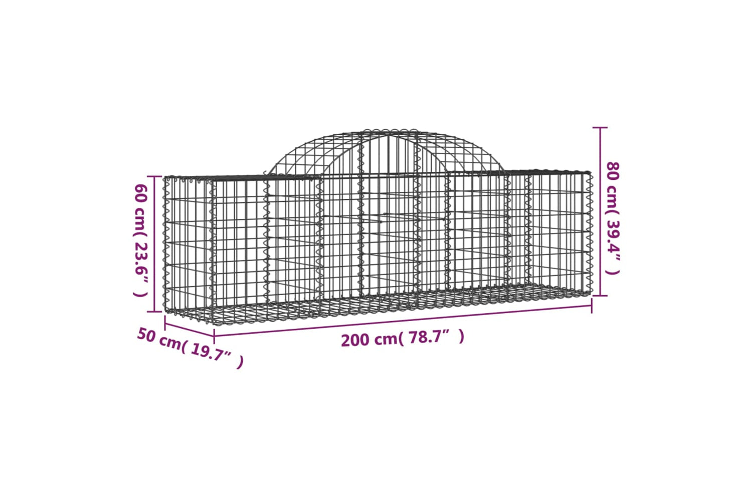 vidaXL 153493 Arched Gabion Basket 200x50x60/80cm Galvanised Iron-4