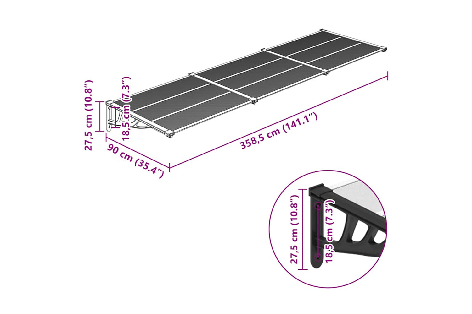 Vidaxl Door Canopy Black And Transparent 358.5x90 Cm Polycarbonate-5