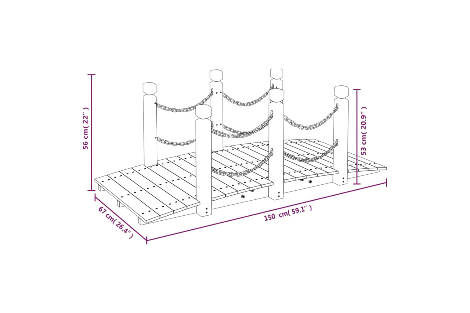 Vidaxl 363358 Garden Bridge With Chain Railings 150x67x56cm Solid Wood Spruce-5