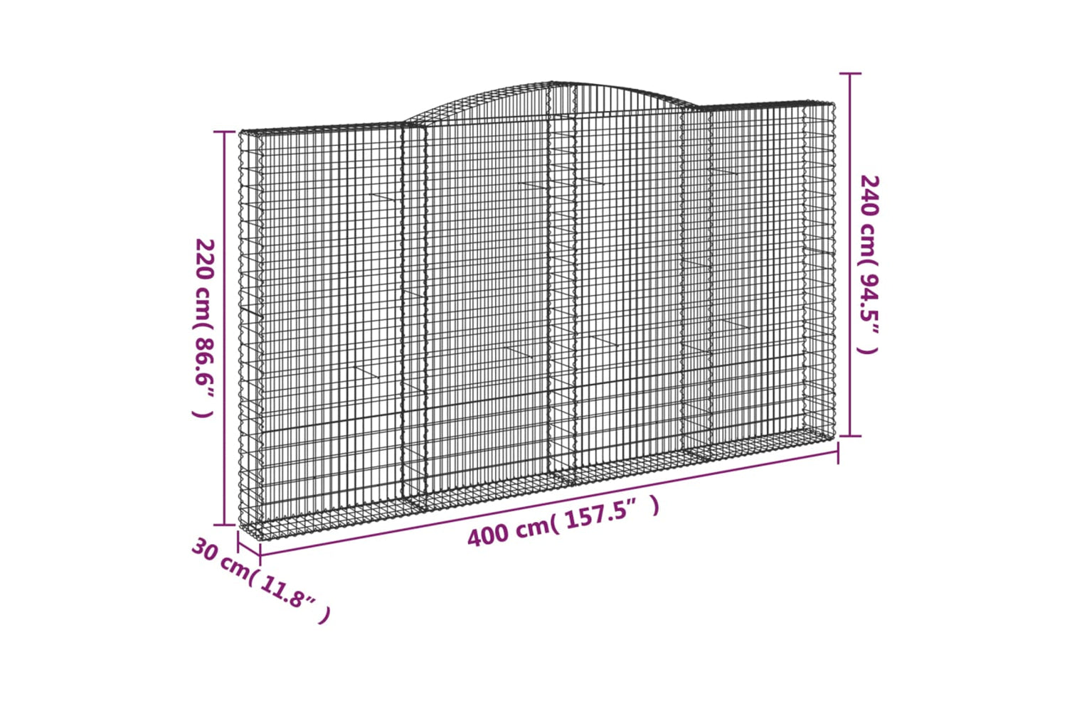vidaXL 3146944 Arched Gabion Baskets 2 Pcs 400x30x220/240cm Galvanised Iron-5