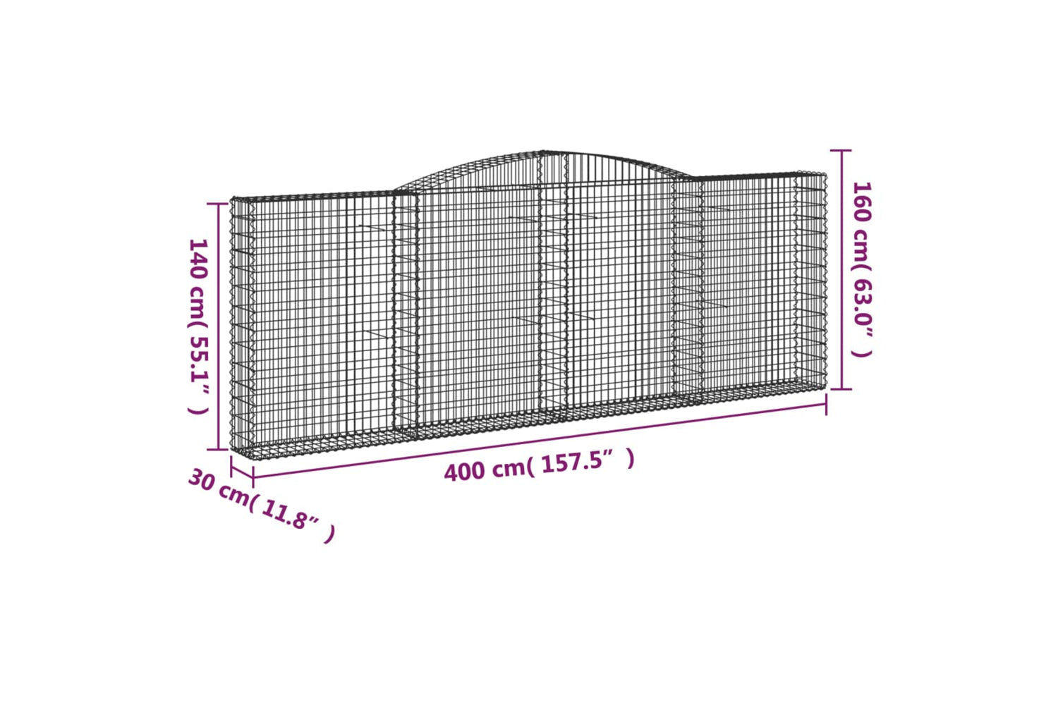 vidaXL 3146894 Arched Gabion Baskets 4 Pcs 400x30x140/160cm Galvanised Iron-5